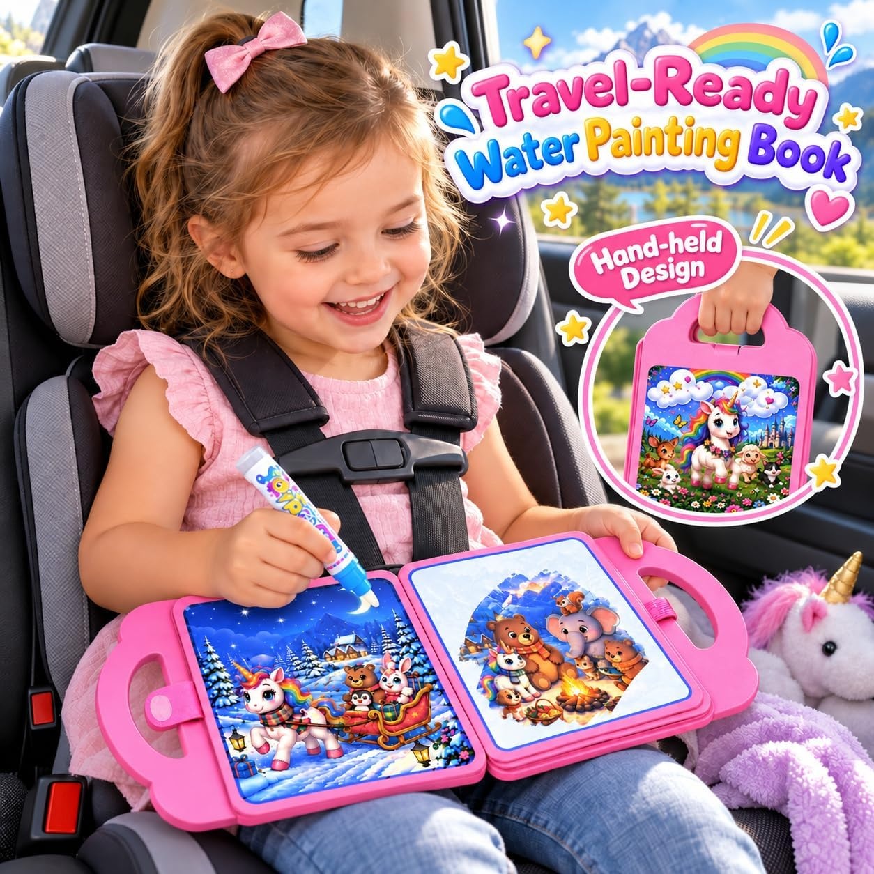 image:imageKOKODI Unicorn Water Painting Book for Girls Reusable Water Coloring Book with Refillable Water Pen Durable EVA Travel Activity Toy with Carry Handle MessFree Painting Gift for Kids Ages 3