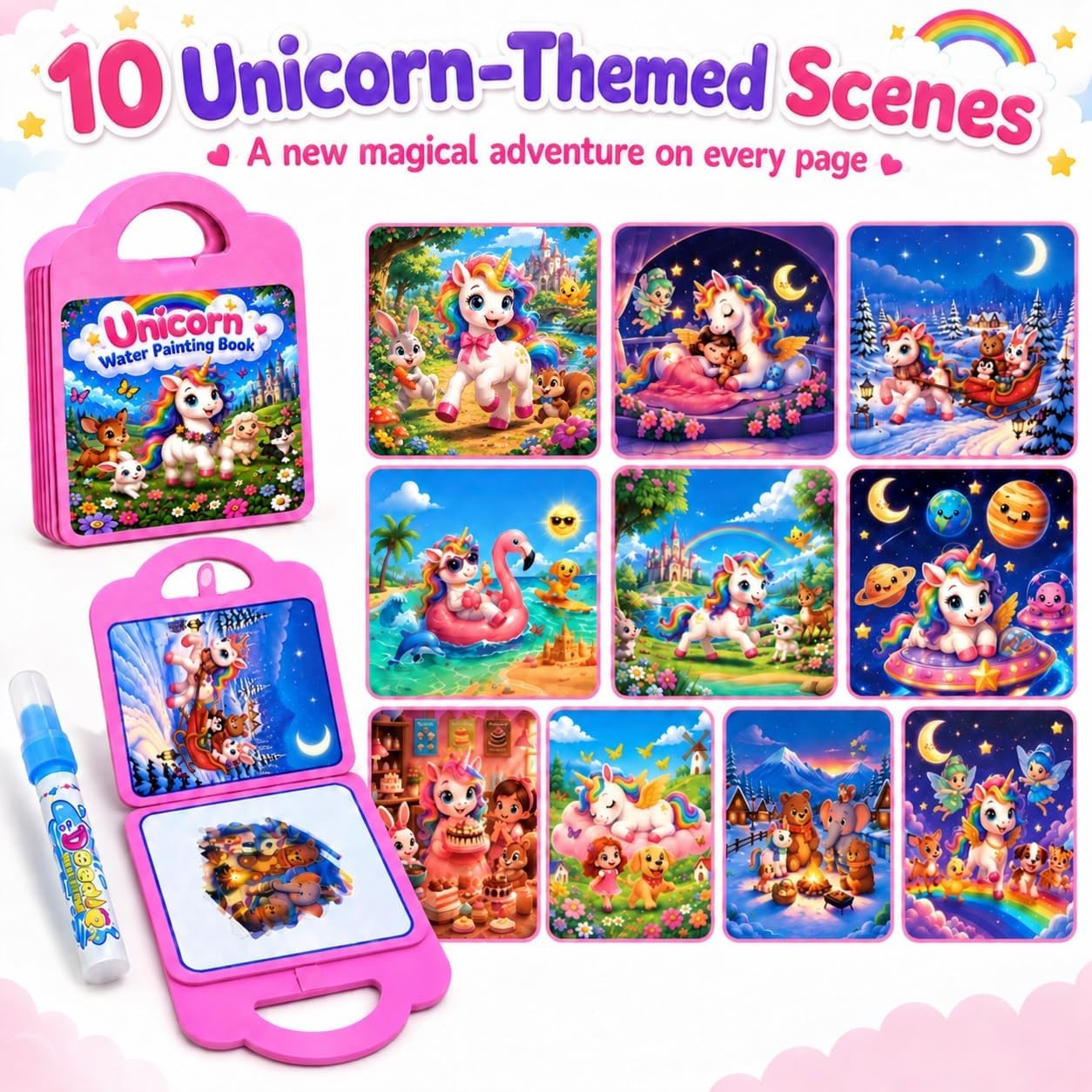 image:imageKOKODI Unicorn Water Painting Book for Girls Reusable Water Coloring Book with Refillable Water Pen Durable EVA Travel Activity Toy with Carry Handle MessFree Painting Gift for Kids Ages 3