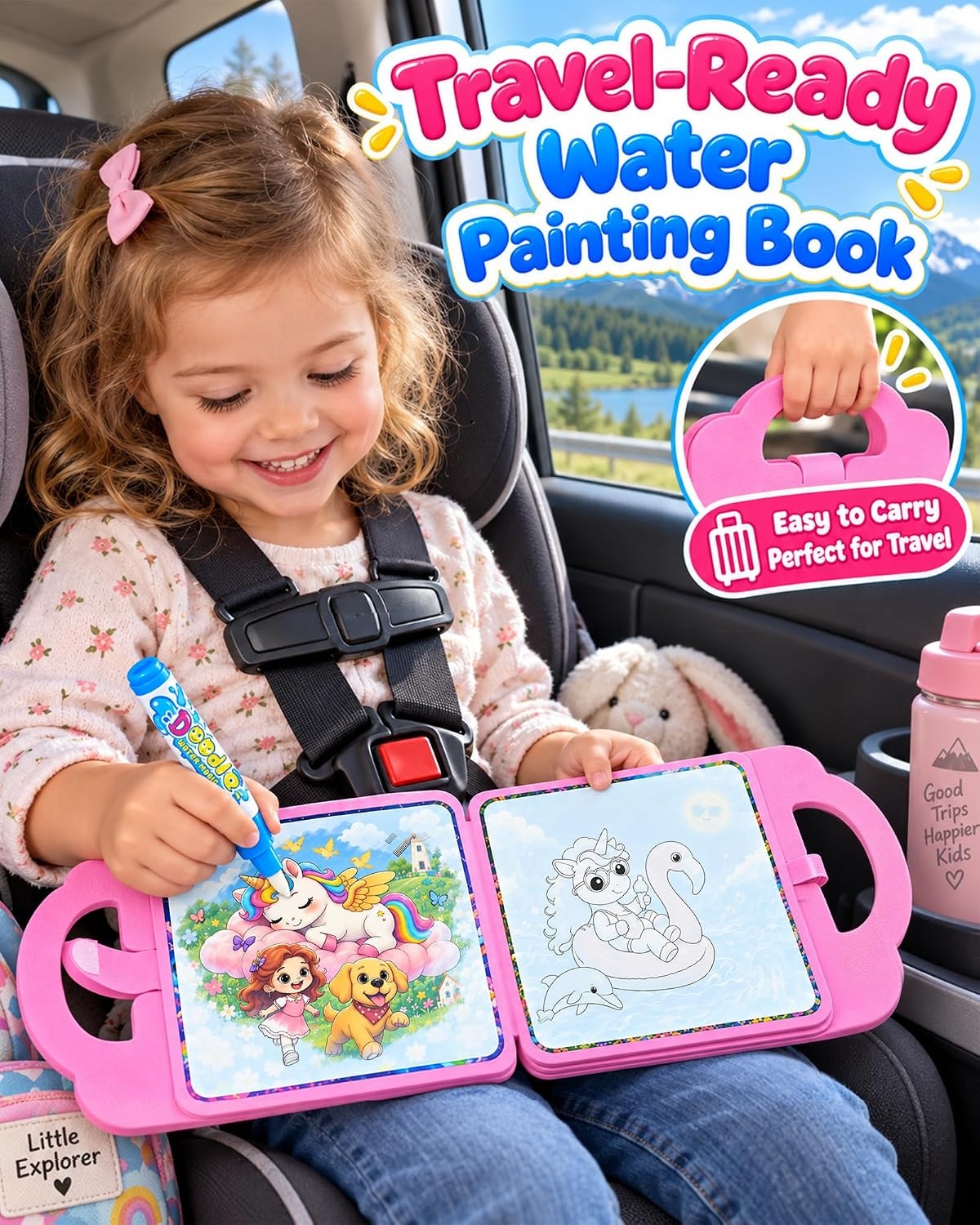 image:imageKOKODI Magic Water Coloring Book for Toddlers 13 Unicorn Reusable Water Painting Book with Water Pen 10 Magical Scenes MessFree Travel Activity Toy Gift for Toddlers Ages 33 PCSGirl