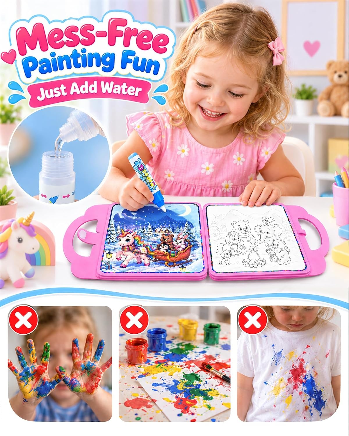 image:imageKOKODI Magic Water Coloring Book for Toddlers 13 Unicorn Reusable Water Painting Book with Water Pen 10 Magical Scenes MessFree Travel Activity Toy Gift for Toddlers Ages 33 PCSGirl