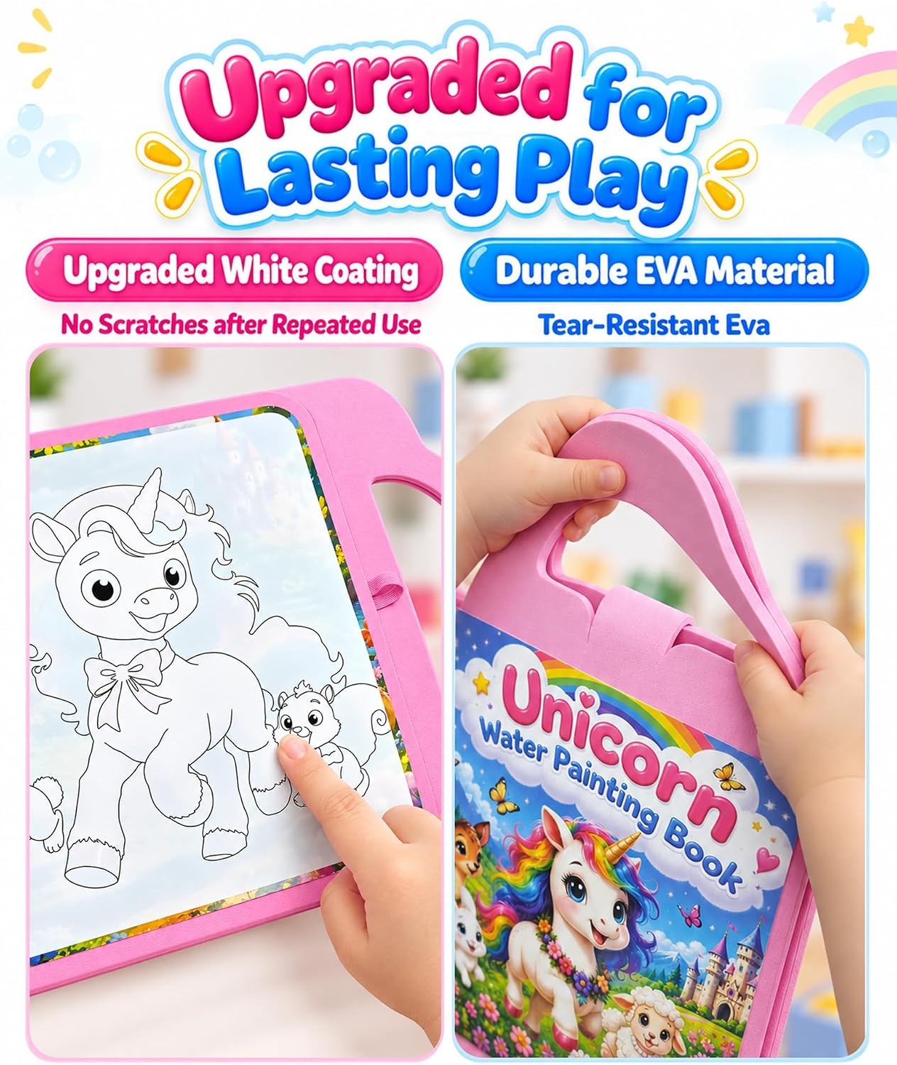 image:imageKOKODI Magic Water Coloring Book for Toddlers 13 Unicorn Reusable Water Painting Book with Water Pen 10 Magical Scenes MessFree Travel Activity Toy Gift for Toddlers Ages 33 PCSGirl