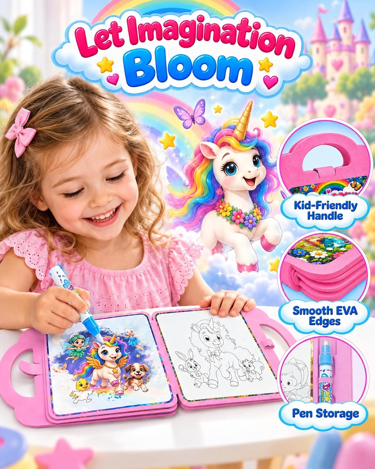 image:imageKOKODI Magic Water Coloring Book for Toddlers 13 Unicorn Reusable Water Painting Book with Water Pen 10 Magical Scenes MessFree Travel Activity Toy Gift for Toddlers Ages 33 PCSGirl